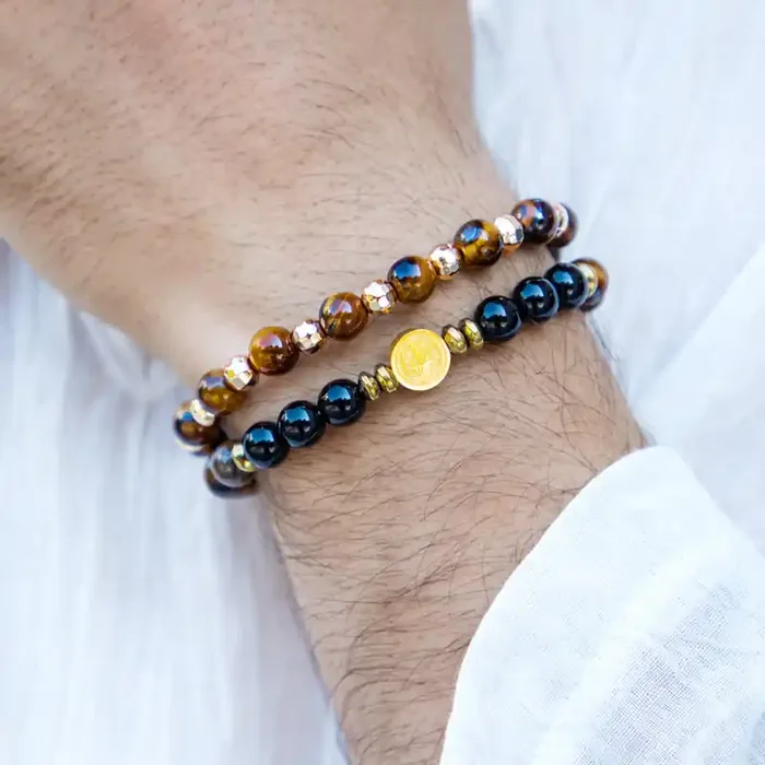 Helloice 2pcs St. Benedict Medal Tiger Eye Stone & Black Obsidian Stretch Bracelet