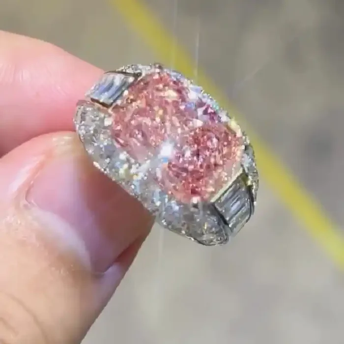 Helloice 3.9 Ct Radiant Cut Pink Diamonds with Baguette Paved Engagement Ring