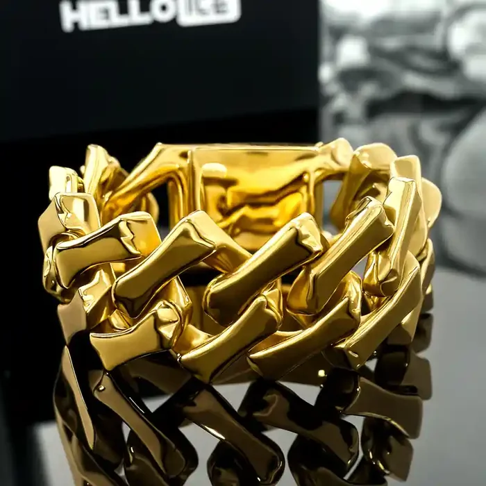 Helloice 32mm 316L Stainless Steel Bone Cuban Bracelet in Gold Plating