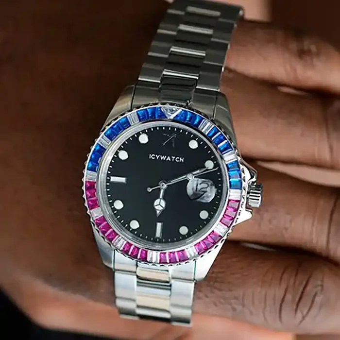 Helloice 40mm Iced Watch with Black Luminous Dial in White Gold