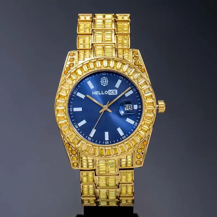 Helloice 40mm Yellow Baguette Cut Blue Dial Watch in Gold