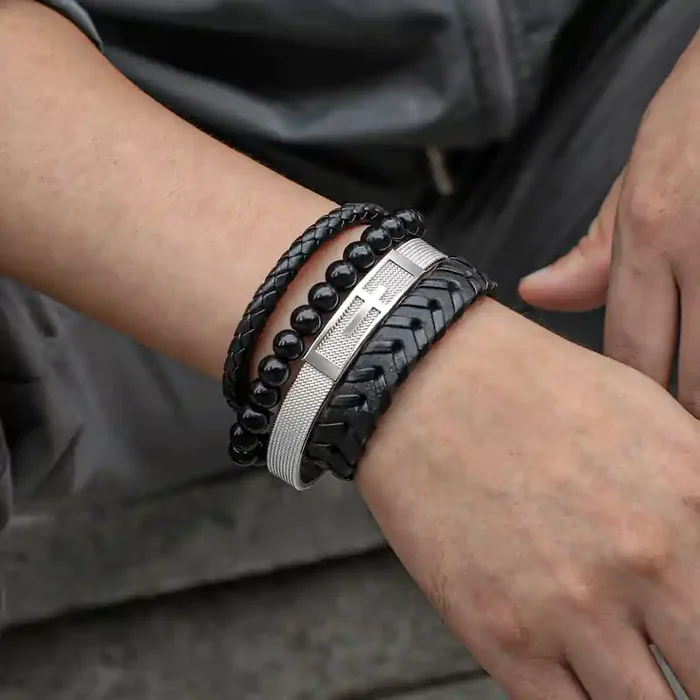 Helloice 4Pcs Cross Stainless Steel & Braided Leather layered Bracelet