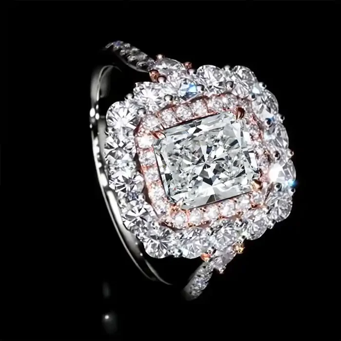 Helloice 5.17CT Radiant & Round Cut VVS Moissanite S925 Silver Engagement Ring