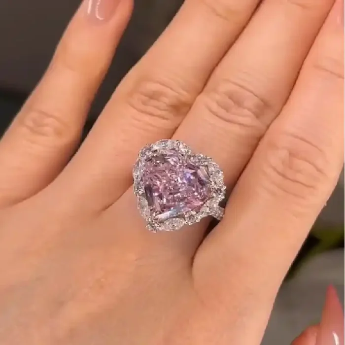 Helloice 5.38CT Pink Heart Cut Diamond Halo Engagement Ring