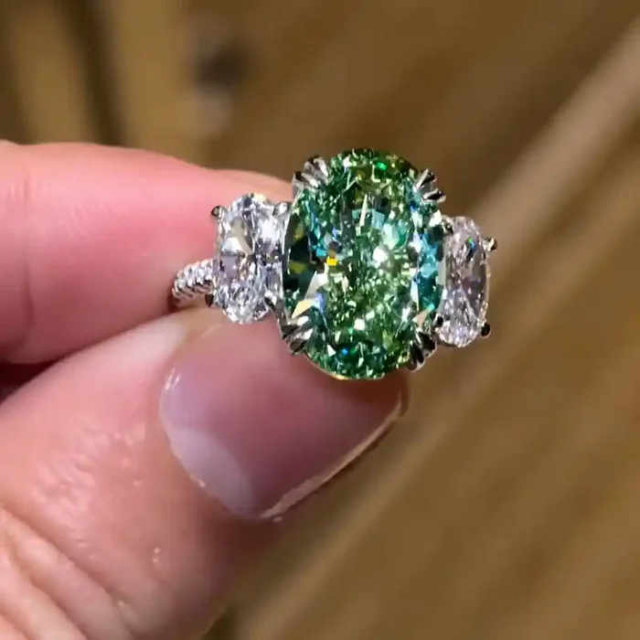 Helloice 5.9CT Green Oval Cut Diamond Three Stone Engagement Ring