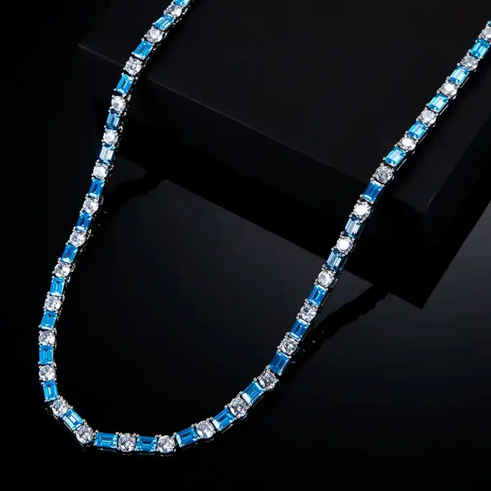 Helloice 5mm Blue Baguette cut Stone Tennis Chain in White Gold