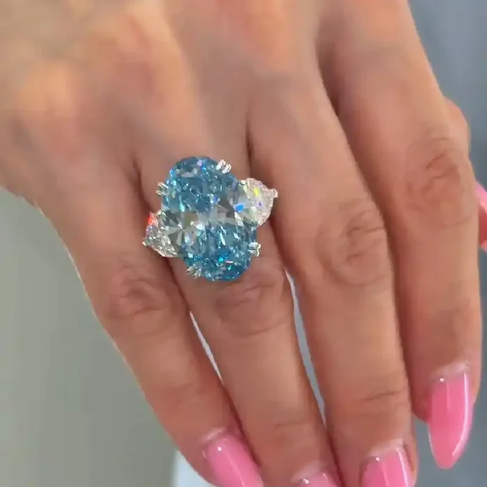 Helloice 6CT Blue Oval Cut Three Stone Diamond Engagement Ring