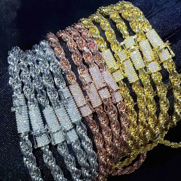 Helloice 6mm 925S & VVS Moissanite Clasp Stainless Steel Rope Bracelet