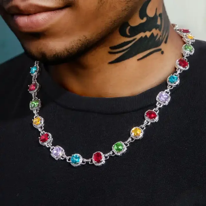 Helloice 8.5mm Multi-color Diamonds Chain in White Gold
