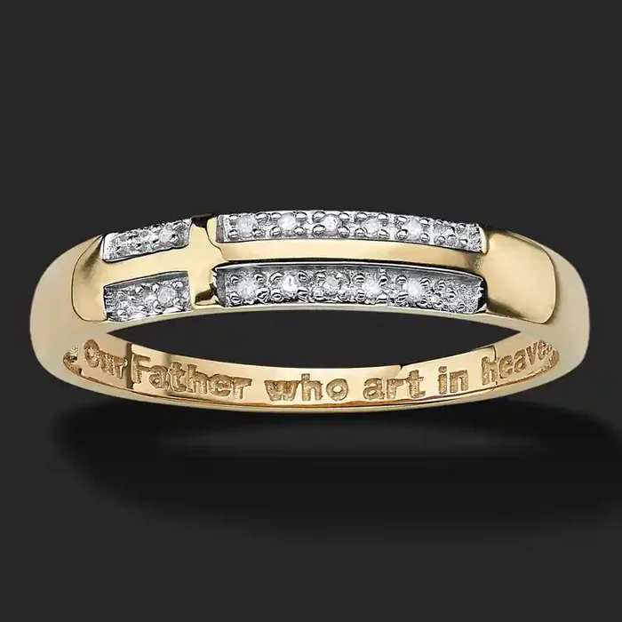 Helloice “Our Father Who Art in Heaven” White Diamond Cross Band Ring