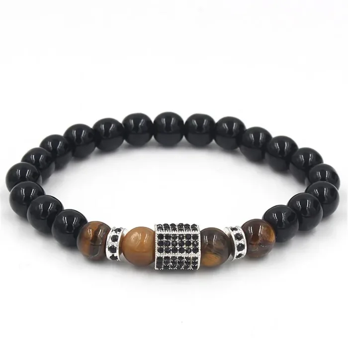 Helloice 8mm Black Agate and Tiger Eyes Polygon Charm Beads Bracelet