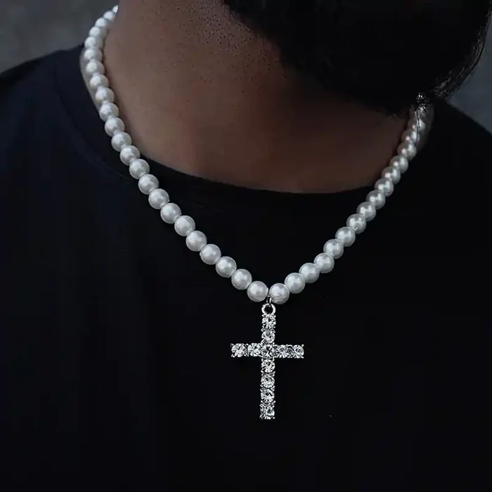 Helloice 8mm Men Pearl Necklace Cross Pendant