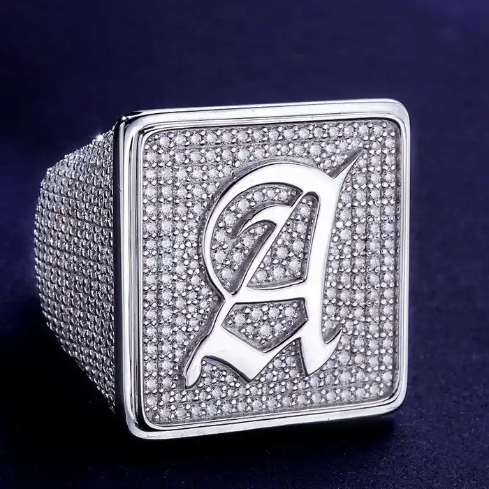 Helloice 925S & VVS Moissanite Old English Font 26 Initial Letters Ring