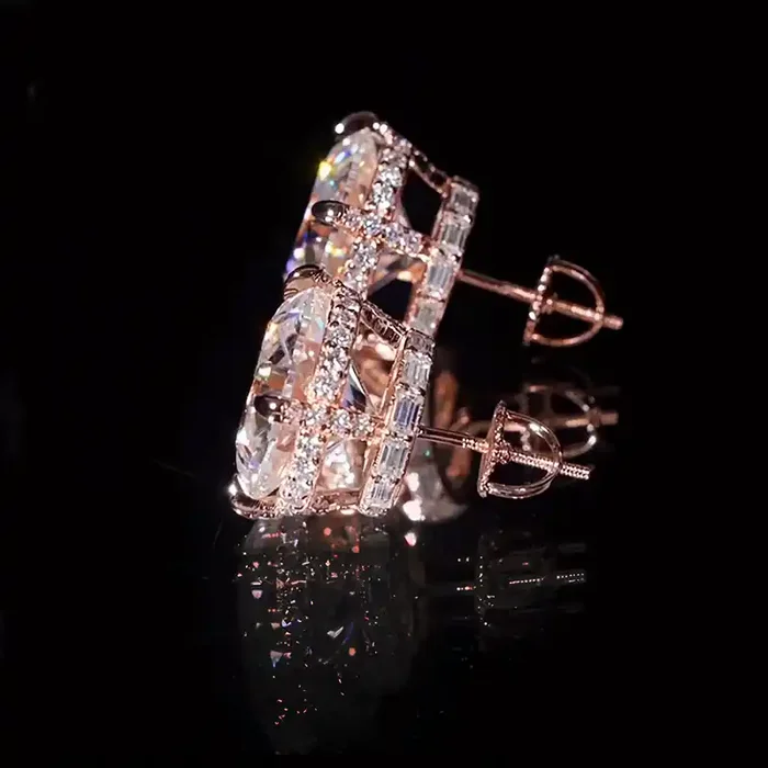 Helloice 925S & VVS Moissanite Round&Baguette Cut Full Paved Earrings