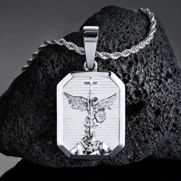 Helloice Archangel Saint Michael Dog Tag Pendant in White Gold