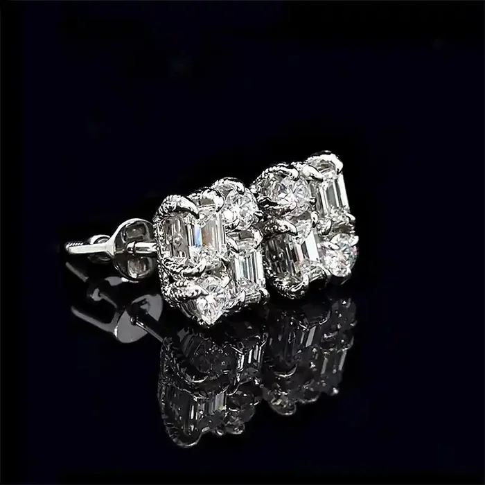 Helloice Baguette & Round Diamond Claw Stud Earrings