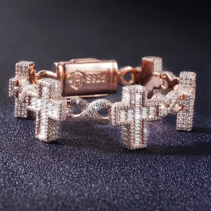 Helloice Baguette And Round Cut Moissanite Cross Infinity Bracelet in S925 Silver