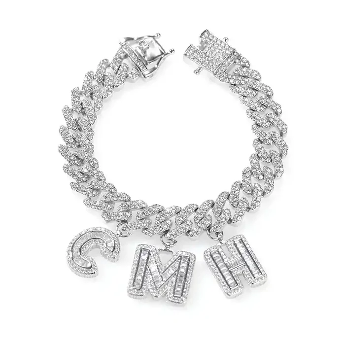 Helloice Baguette Cut Custom Name 12mm 8″ Cuban Bracelet in White Gold