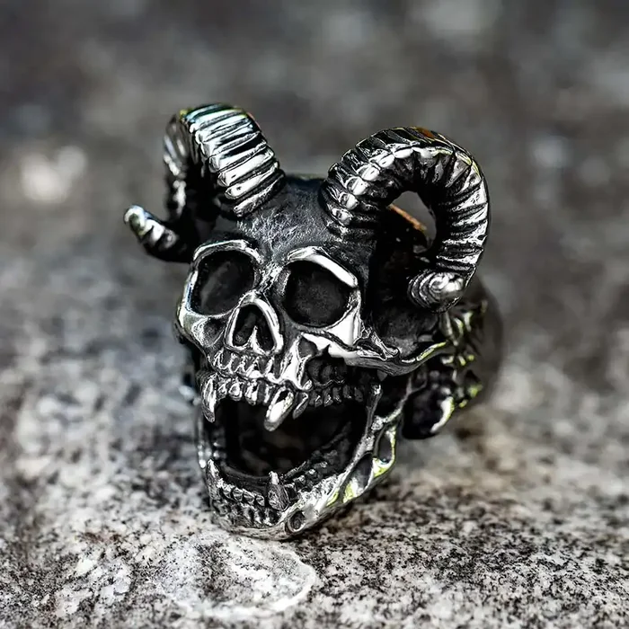 Helloice Baphomet Sheep Skull Stainless Steel Ring