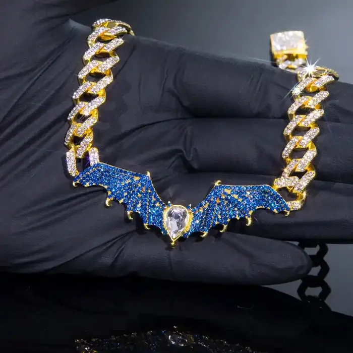 Helloice Blue Bat Prong Cuban Chain in Gold