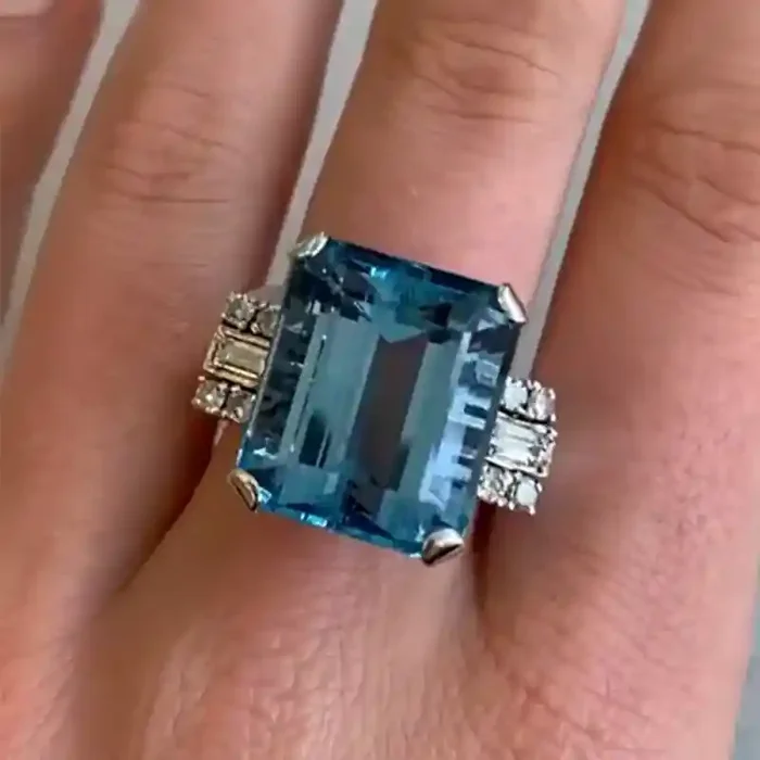 Helloice Blue Sapphire Emerald Cut Engagement Ring