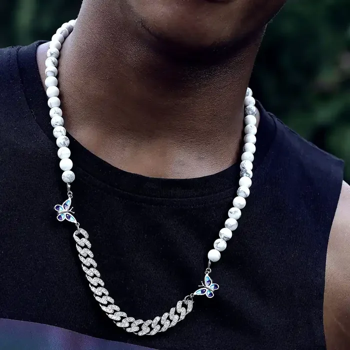 Helloice Butterfly and Iced Cuban Bead Necklace