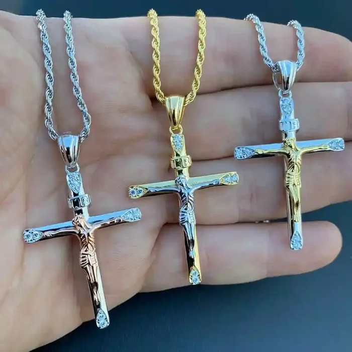 Helloice Cylindrical Two Tone Jesus Cross Pendant