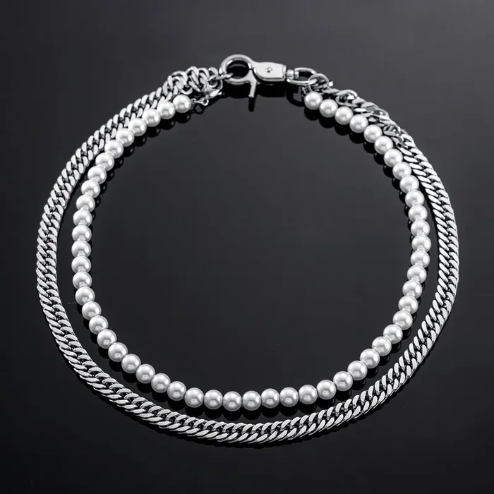 Helloice Double Layer Pearl and Cuban Chain Necklace