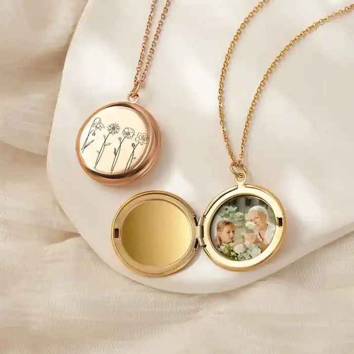 Helloice Engraved Birth Flower Locket Pendant