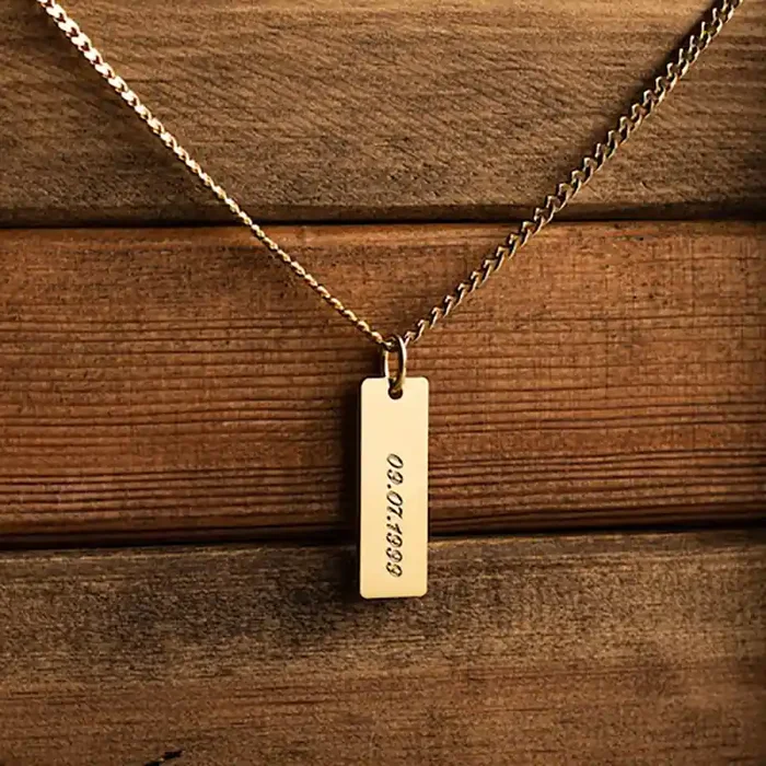 Helloice Engraved Custom Stainless Steel Bar Pendant with 3mm Cuban Chain