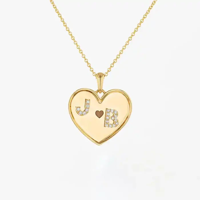 Helloice Engraved Diamond Double Letters Heart Necklace