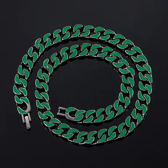 Helloice Glow in the Dark Green/Blue Enamel Cuban LIink Chain