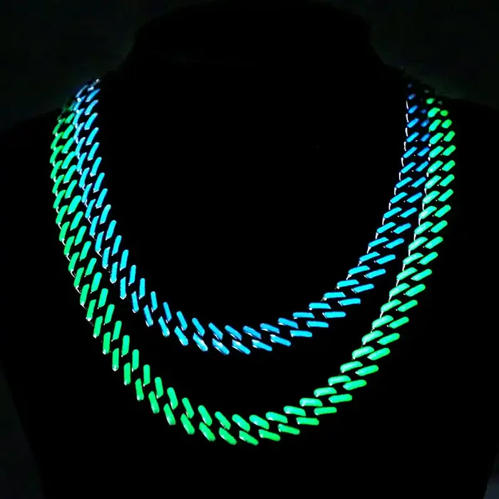 Helloice Glow in the Dark Green/Blue Enamel Prong Cuban Chain