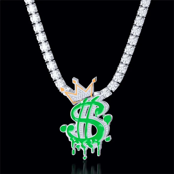 Helloice Glow in the Dark Iced Out Crown Dollar Sign Pendant