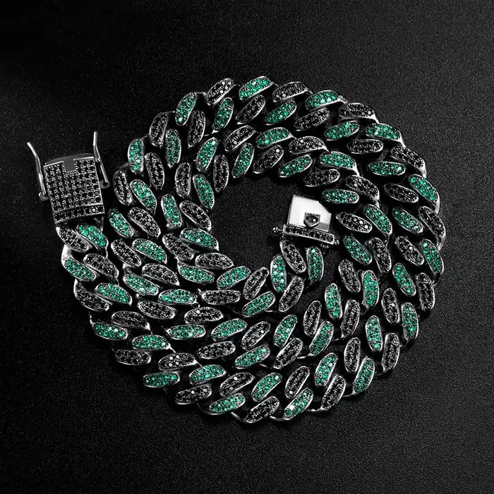 Helloice Iced 12mm Handset Emerald & Black Stones Cuban Chain in Black Gold