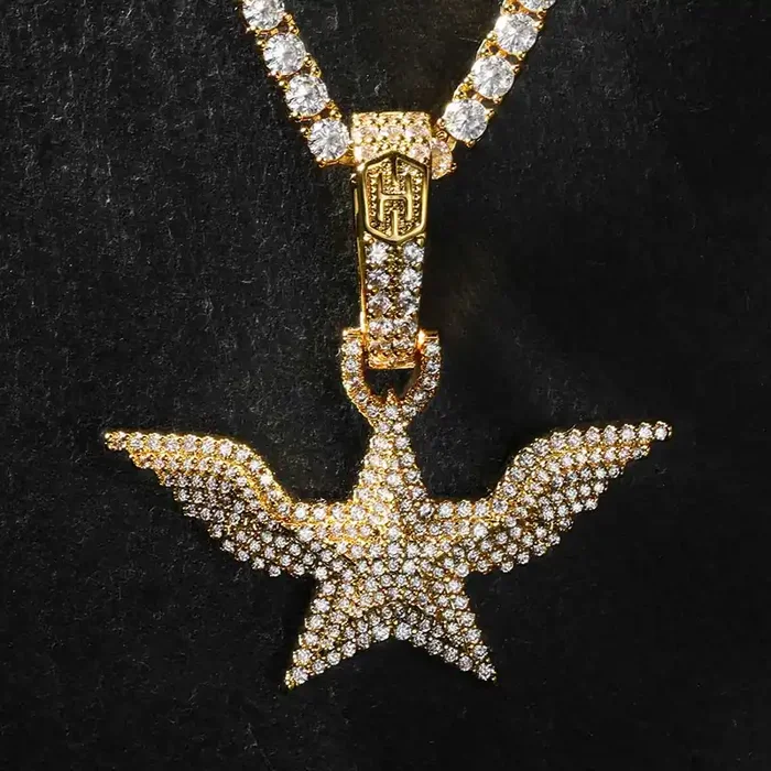Helloice Iced 5-Pointed Star with Angel Wings Pendant in Gold