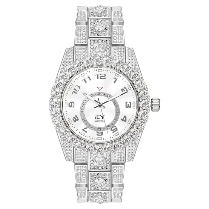 Helloice Iced Arabic Numerals Men‘s Watch in White Gold