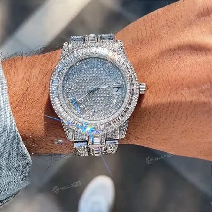 Helloice Iced Baguette Cut Roman Numerals Men‘s Watch in White Gold