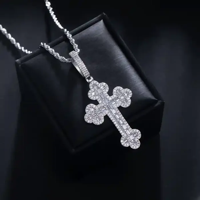 Helloice Iced Baguette Cut Stone Cross Pendant