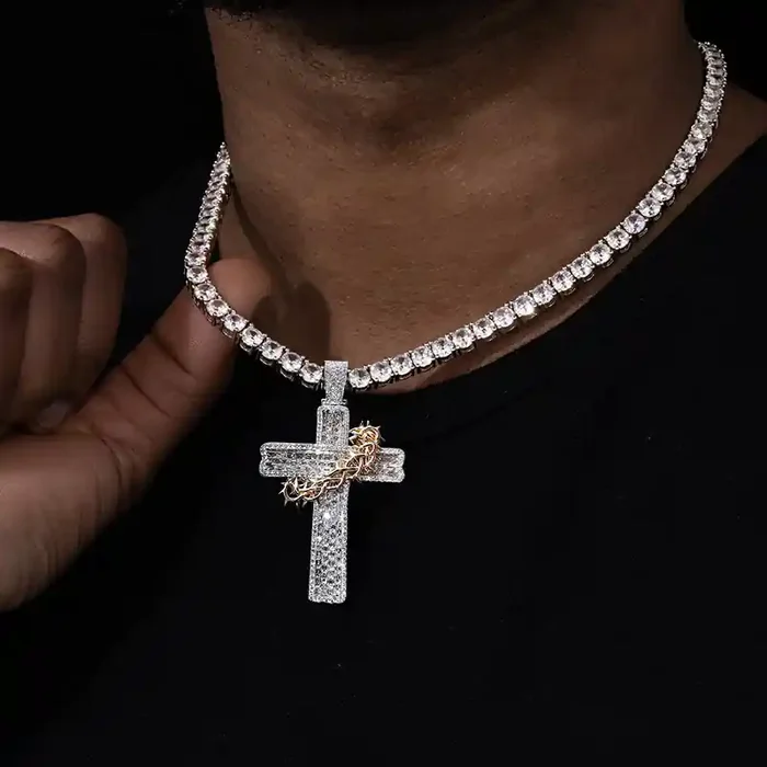 Helloice Iced Baguette Cut Thorn Cross Pendant