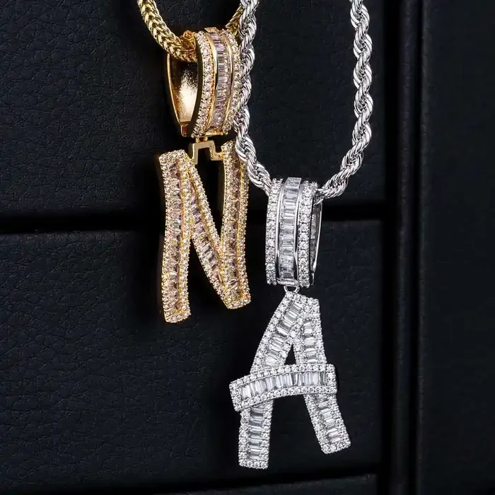 Helloice Iced Baguette Letters Pendant in White Gold