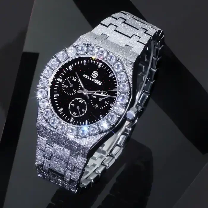 Helloice Iced Black Glitter Dial Round Cut Men‘s Watch