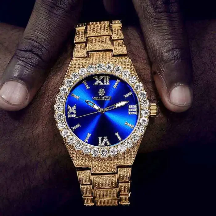 Helloice Iced Blue Luminous Roman Numerals Men‘s Watch in Gold