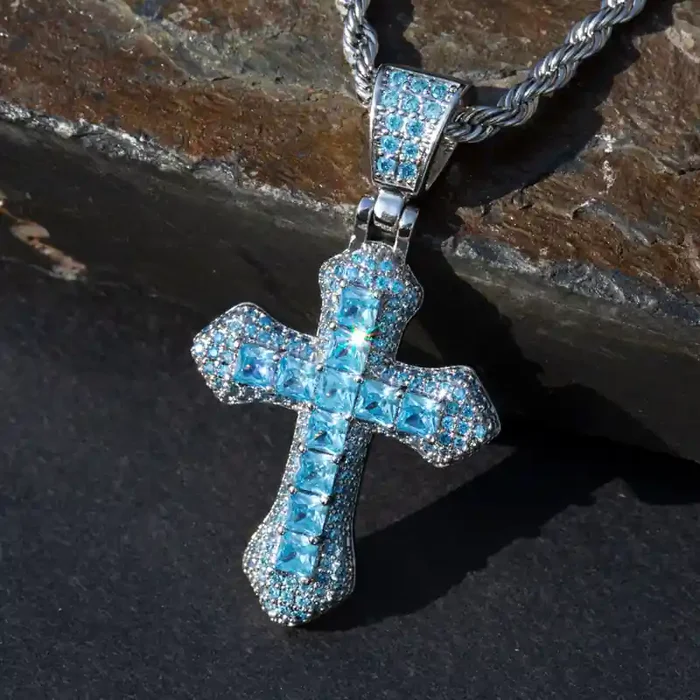 Helloice Iced Blue/Red Princess Cut Cross Pendant in White Gold