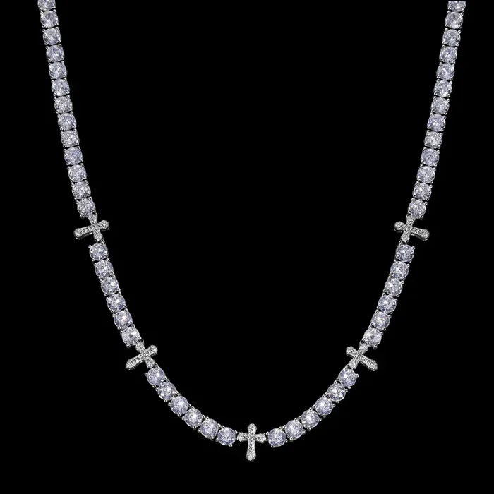 Helloice Iced Cross 5mm Tennis Chain in White Gold