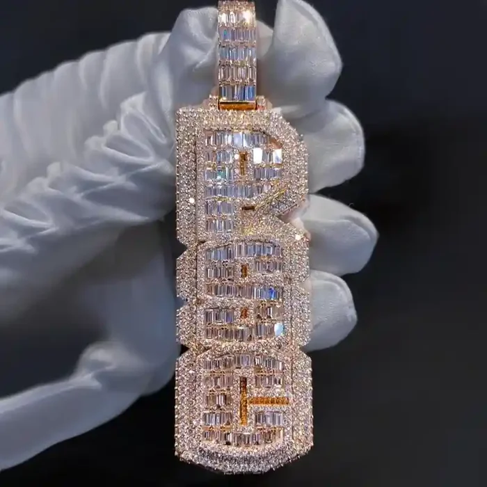 Helloice Iced Custom Double Layer Baguette Cut Vertical Letter Pendant