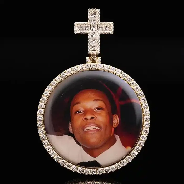 Helloice Iced Custom Princess Cut Cross Disc Photo Pendant