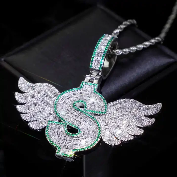 Helloice Iced Dollar Sign Pendant with Baguette Angel Wings