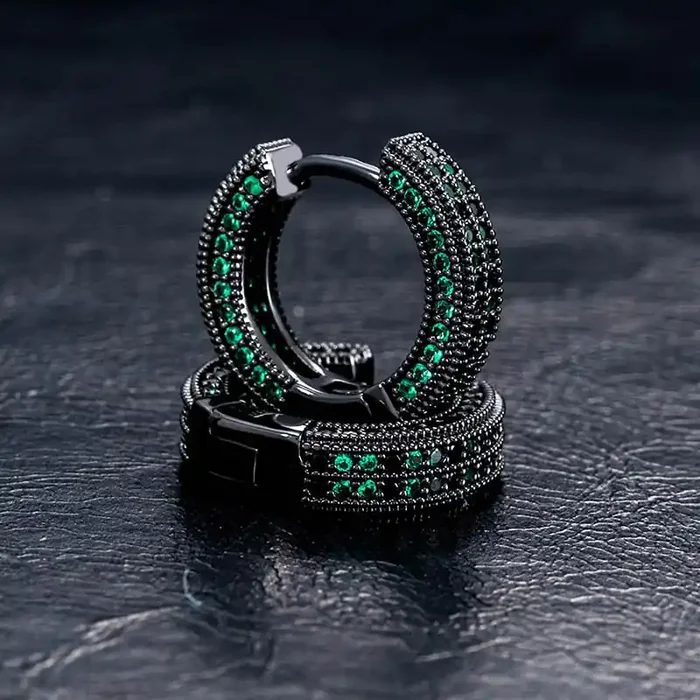 Helloice Iced Emerald & Black Stones Hoop Earring In Black Gold
