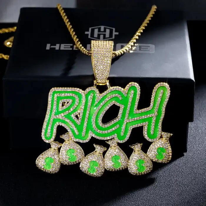Helloice Iced Glowing RICH Money Bag Pendant